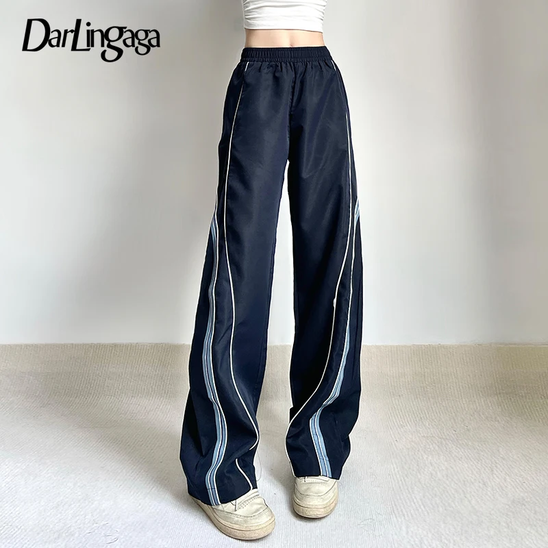 

Darlingaga Casual Stripe Spliced Techwear Sweatpants Sporty Chic Basic Trousers Baggy Stitched Elastic Waist Joggers Pants Chic