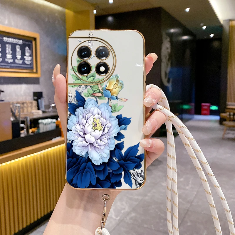 Роскошный чехол 11 R с синими пионами для Oneplus 11R 12 11Pro 10Pro 10T 8T 9Pro 10R 9R 9RT 9 Ace 3 2V 3V 2 2Pro