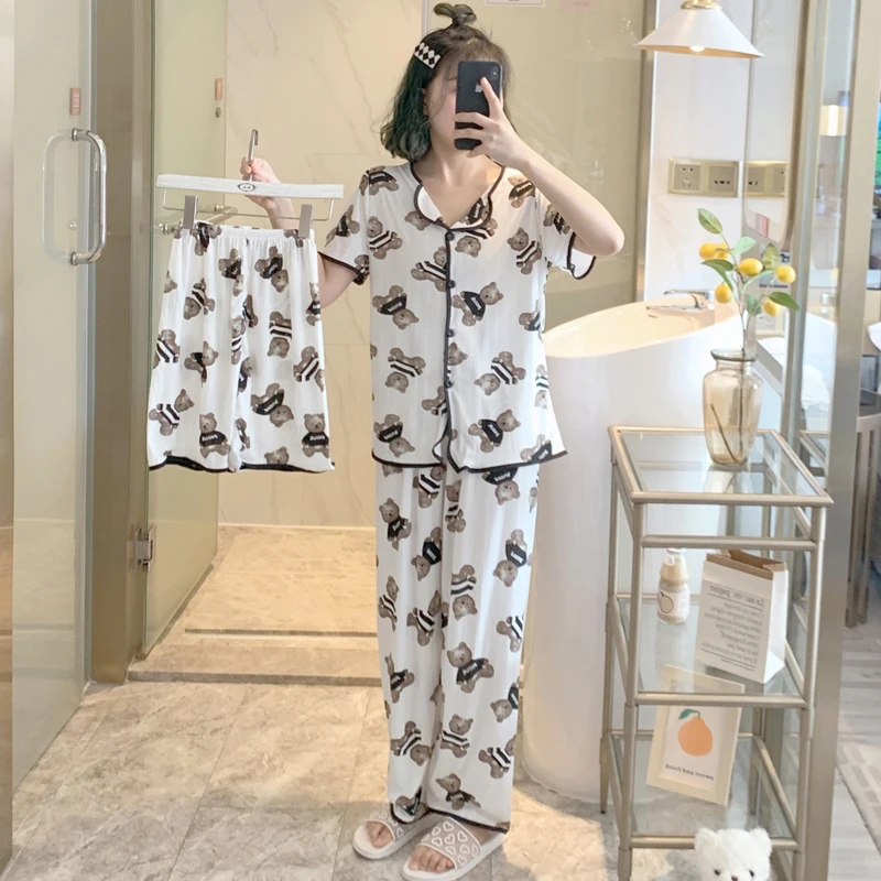 3 Pieces Set Sleepwears for Women Bear Cartoon Tops with Pants Shorts Summer Casual Pijama Korea Style Homewear Clothes Pajamas