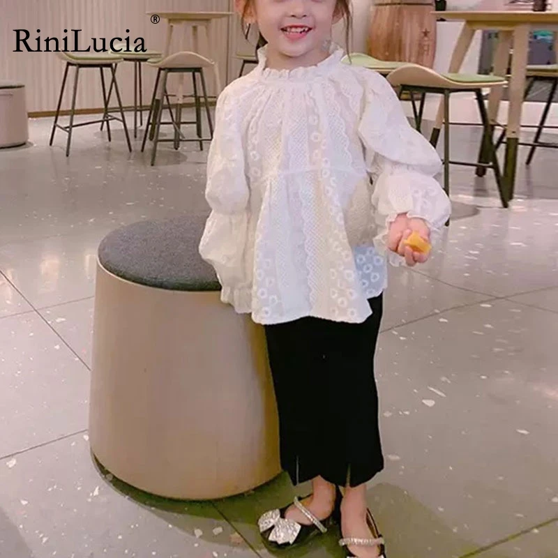 

RiniLucia Girls Style White Blouse Ruffles Long Sleeve Shirt Spring Autumn Cotton Lace Children Girl Tops Blouse Kids Clothes