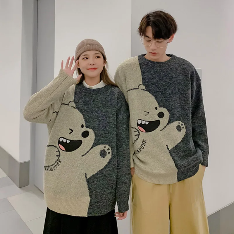 Vintage P-neck Bear Sweater Men Harajuku Loose Thick Patchwork Oversized Unisex Pullover Couples Tops Sueteres
