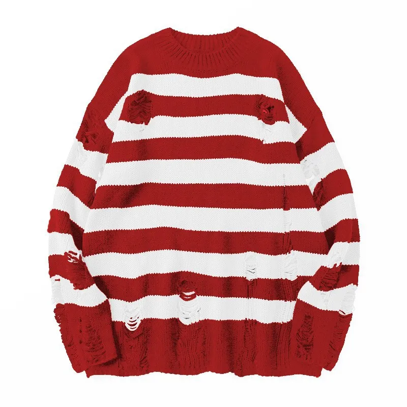 Couple Ripped Sweater Men and Women Trendy Brand Knitted Round Neck Striped Outer Sweater