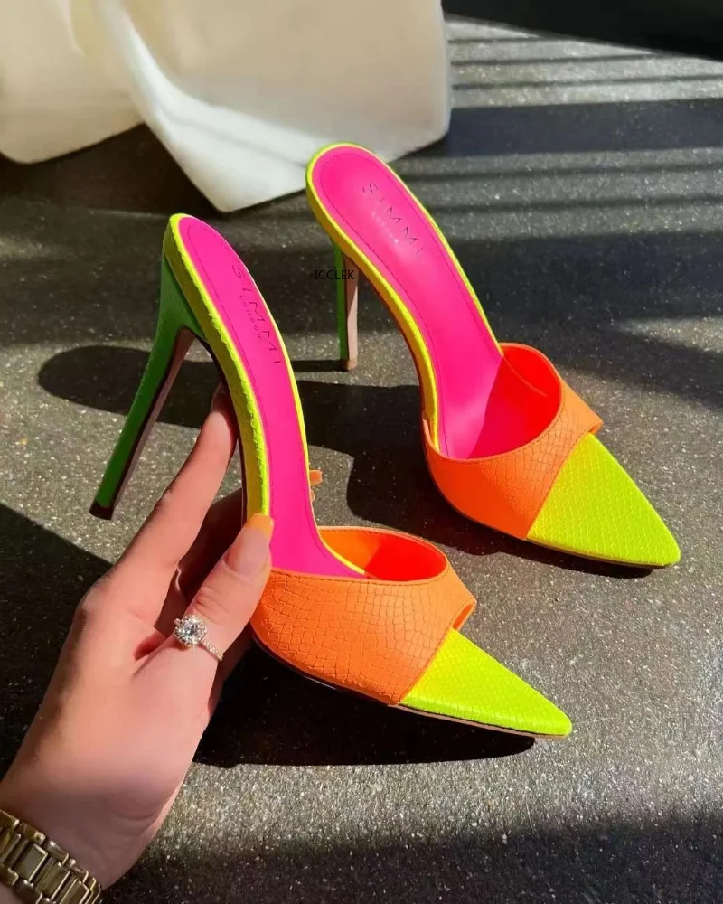 Sexy Pointed Toe Mule High Heels Slipper Stripper Summer Fashion Mixed Color Slip On Slides Women Party Sandal Shoes