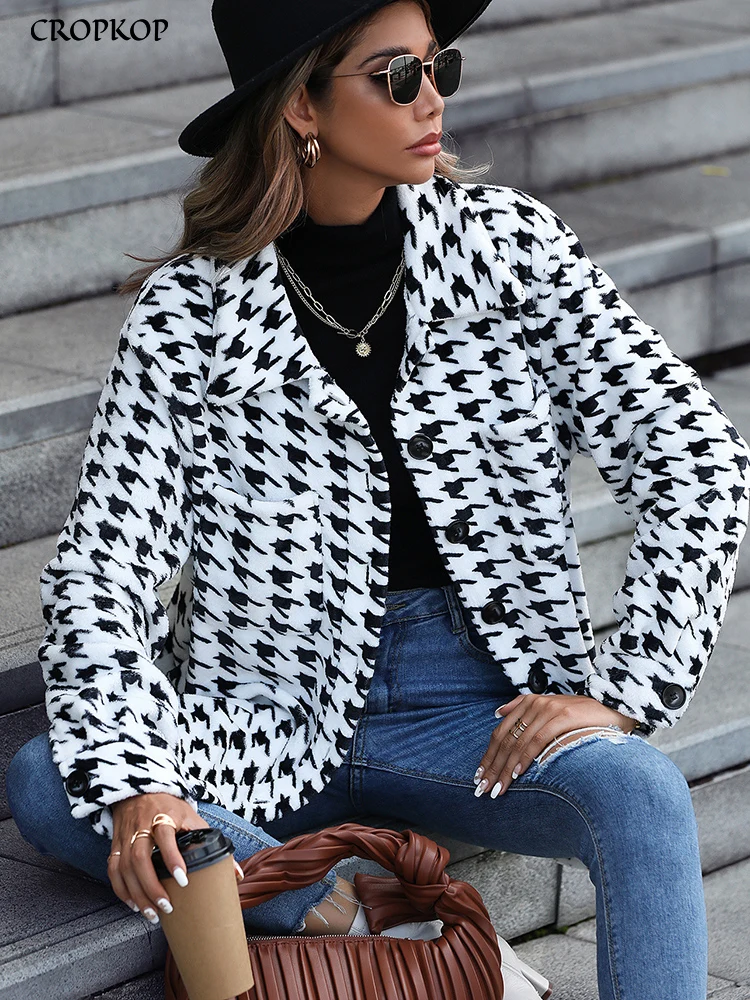 

Women Winter Flannel Houndstooth Blazer Double Sided Fleece Long Jacket Plush Button White Outerwear Female Warm Teddy Coat 2022