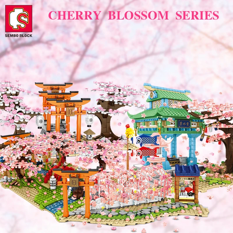 SEMBO BLOCK 1400PCS Blocks City Cherry Blossom Japanese Sakura Tree Diy House Mini Street View Model Building Children Toys