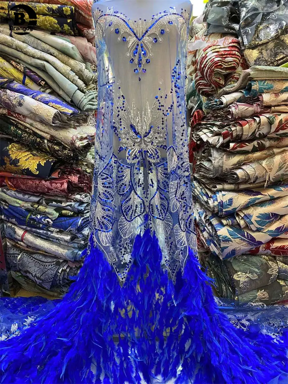 Розовая африканская кружевная ткань с 3D перьями Высококачественная вышивка