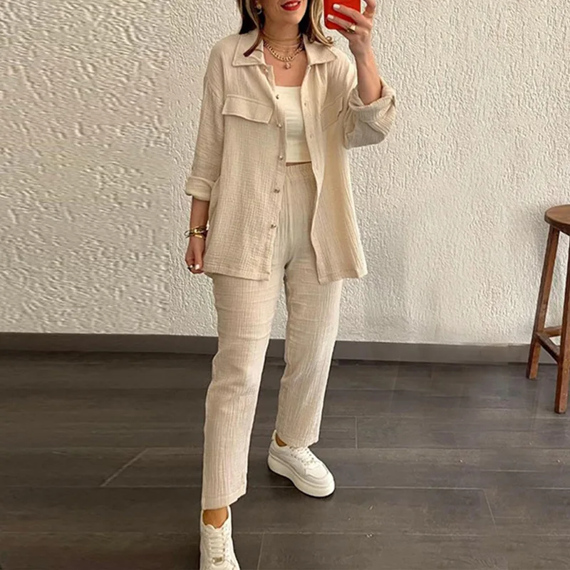 Plus Size Matching Sets Women's Clothing 2023  Loose Long Sleeved Shirt Casual Set Set Woman 2 Pieces Pants Set Woman Trousers