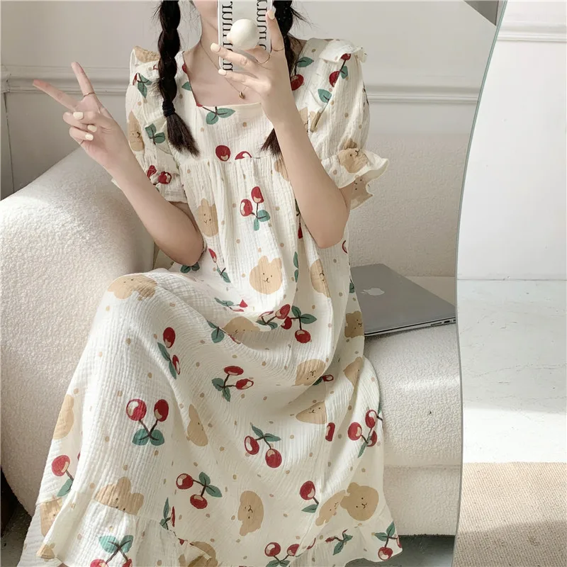 

Soft French romance Korean Summer Wear out Home Cherry Sweet NightDress Printing Cquare collar Short sleeve Simple Princess