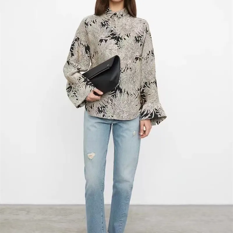 2022 Spring New 100% Silk Chrysanthemum Texture Women's Shirt Straight Long Sleeve Top Covered Buttons Loose Blouses