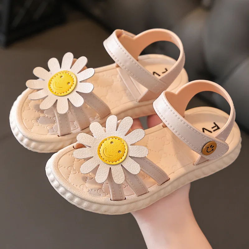 Fashion Girls Sandals Fashion Big Sunflower Soft Sole Non-slip Sandals Kids Beach Shoes 4-8 Years Children Summer Shoes