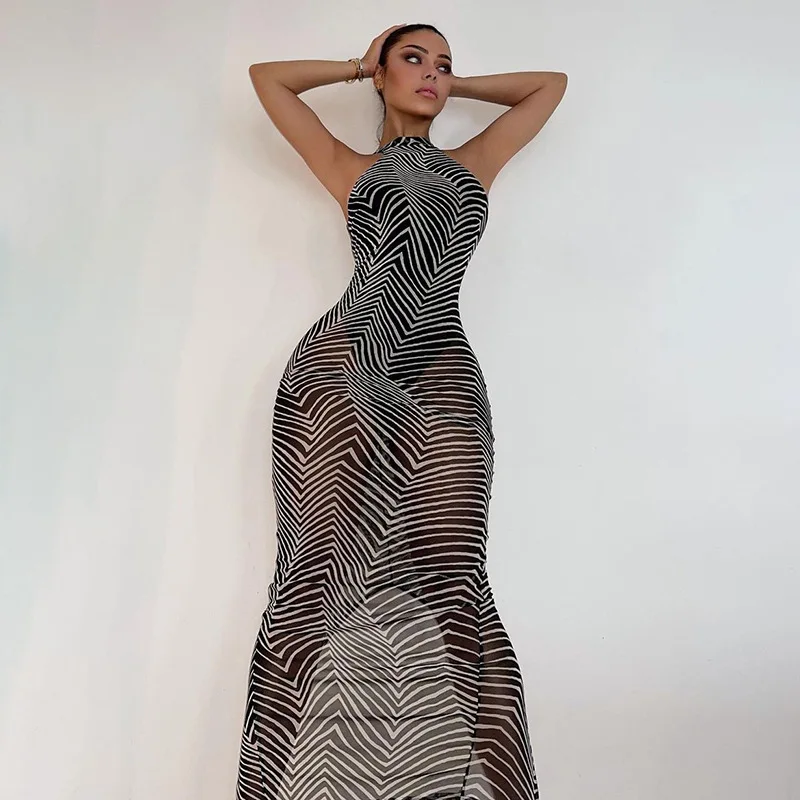 

Zebra Pattern Summer Backless 2022 Summer Fall Women's New Fashion Sexy Mesh Printed European and American Style Slim Hip Dress