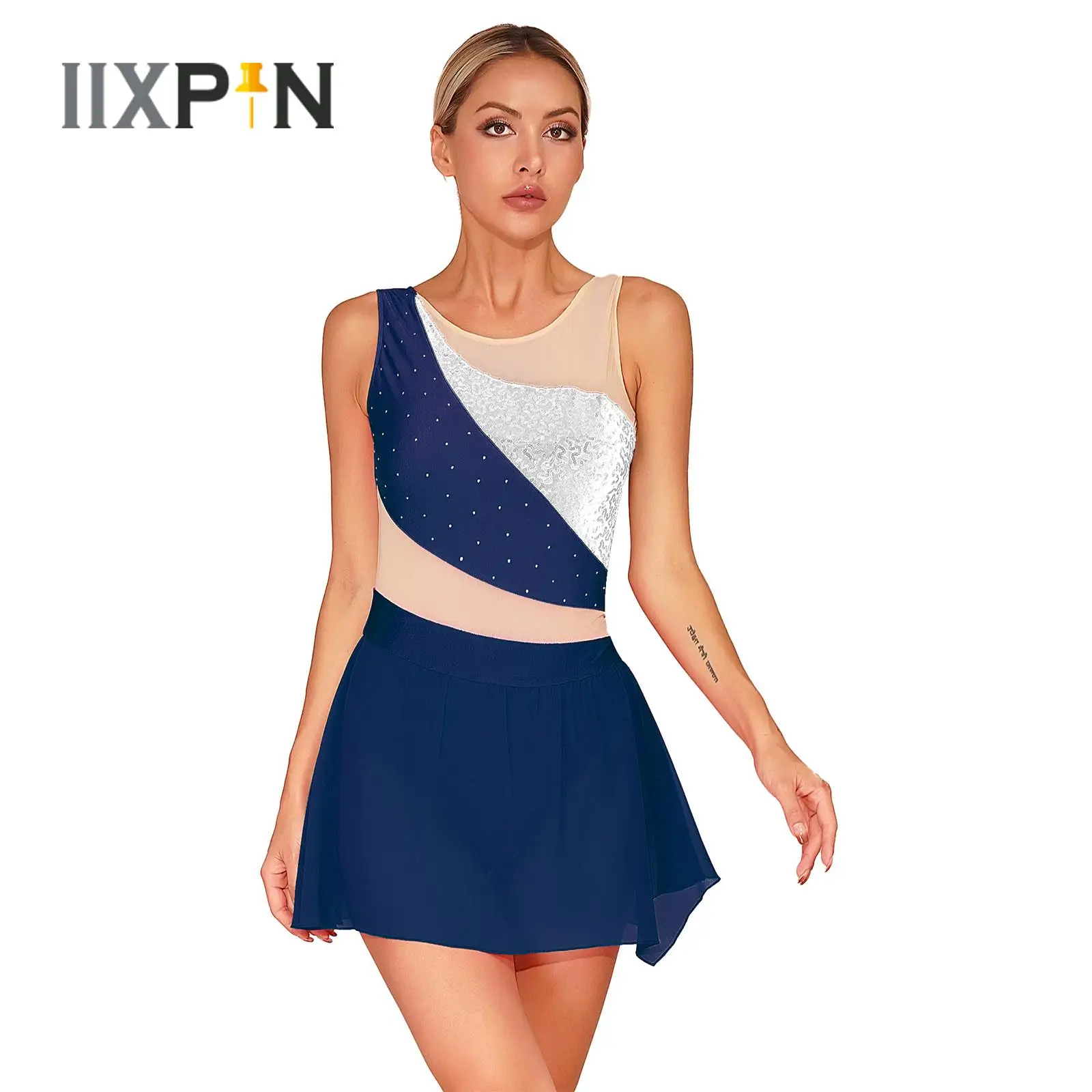 

Womens Modern Lyrical Dance Dress Figure Skating Performance Costumes Shiny Sequin Rhinestone Sleeveless Patchwork Leotard Dress