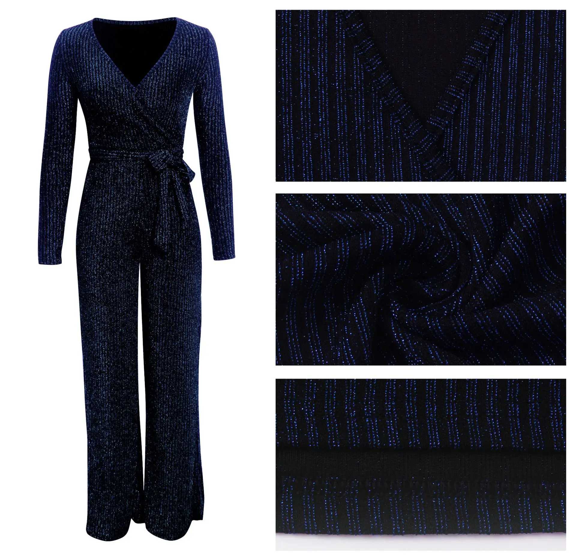 Woman Elegant Gold Wire Rib Jumpsuit for Women Sexy Plus Size Long Sleeve Casual Rompers Dressy Pants Clubwear