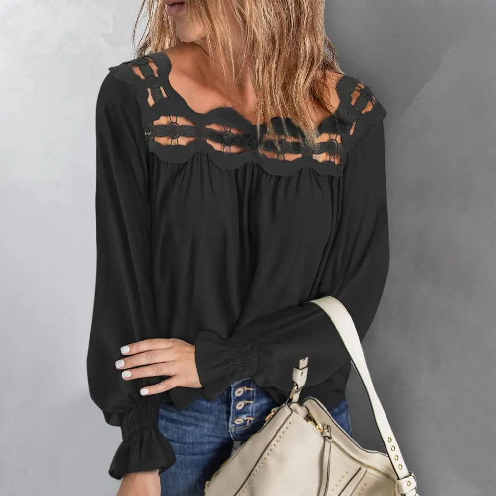 

Autumn Top Square Collar Pullover Blouse Elegant Cut Out Lace Patchwork Blouse