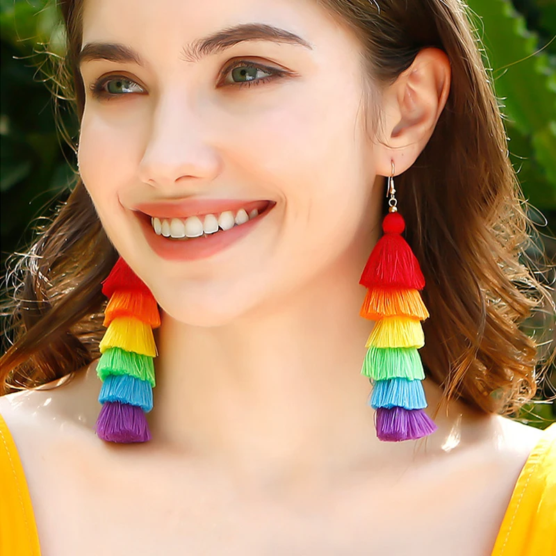 

2023 Summer Handmade Jewelry Bohemian Style Accessories Long Cute Macrame Rainbow Layered Fringe Tassel Earrings for Women