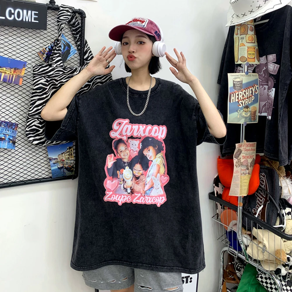 

Vintage Print Loose Cotton Short Sleeve Washed Distressed T-Shirt For Women
