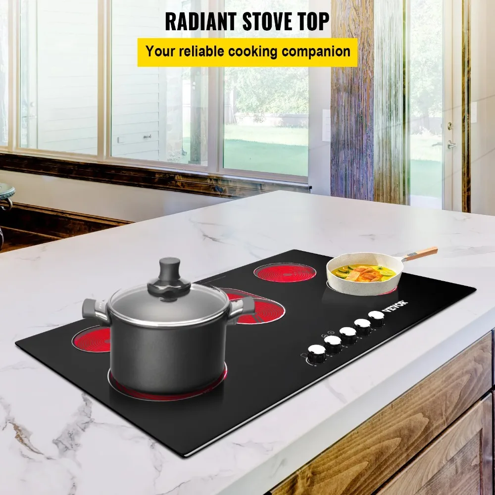 

VEVOR Built in Electric Stove Top, 35 inch 5 Burners, 220V Ceramic Glass Radiant Cooktop with Knob Control,for Simmer Steam Fry