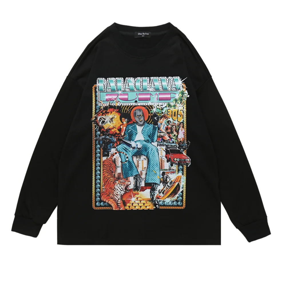 

Mens T-Shirt Gangster Graphic Print Long Sleeve Cotton Tee Hip Hop Streetwear T Shirt Harajuku Fashion Casual Loose Tshirt Tops