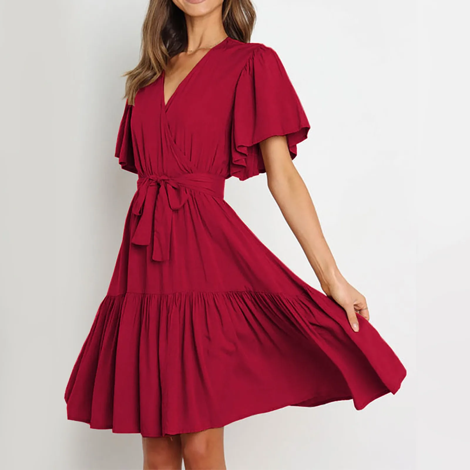 

Женское мини-платье с запахом, повседневное летнее платье с V-образным вырезом, короткими рукавами, оборками на Подоле и поясом, китайские пр...