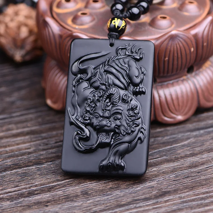 

China Natural Black Obsidian Hand-carved Lion Pendant Fashion Boutique Jewelry Men and Women Necklace Gift