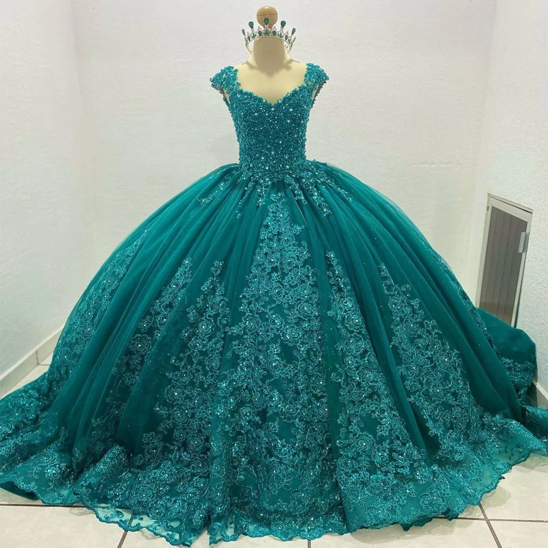 2023 удивительные изумрудно-зеленые платья для Quinceanera кружевные аппликации милые с