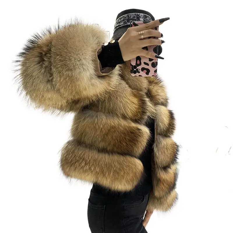 

Women Winter Clothes Real Fur Raccoon Round Neck Fur Coat Natural Silver Fox Fur Fluffy Warm Thick Jacket Big Size Female Coats