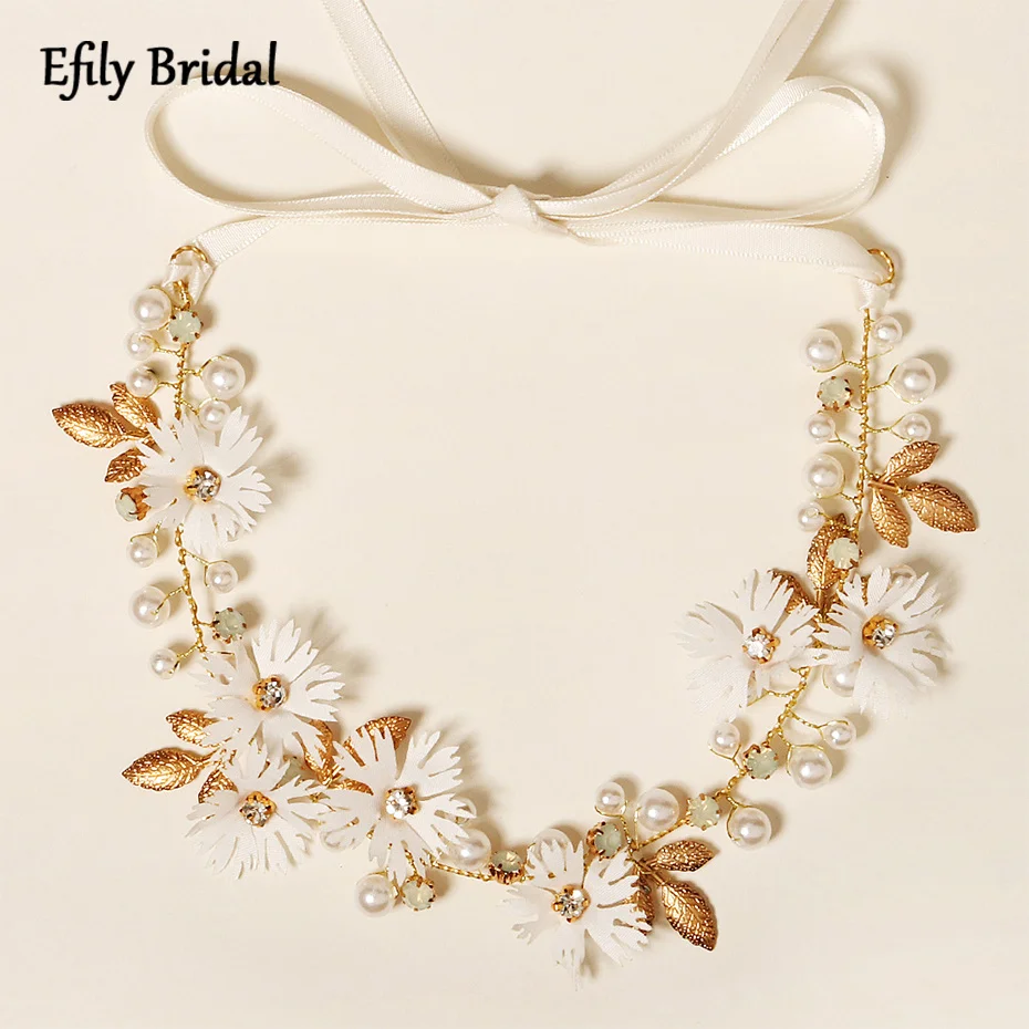 

Pearl Daisy Bridal Hairband White Flowers Rhinestone Wedding Headband Gold Color Bride Hair Accessories Jewelry Headpiece Gift
