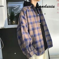 harajuku color block plaid shirt streetwear thick long sleeve male vintage korean fashions clothes landuxiu