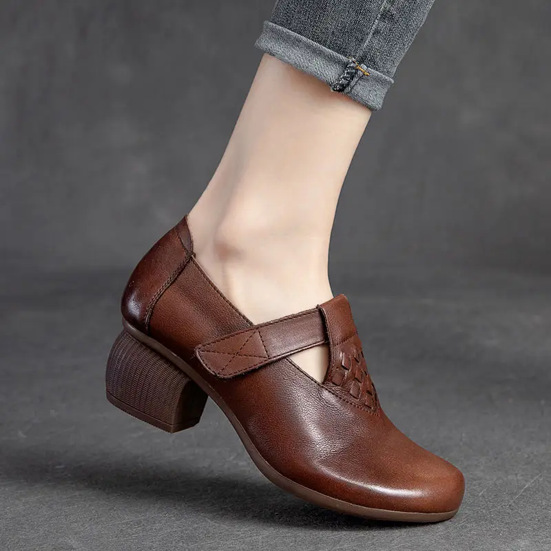 

Новинка 2022, женские туфли-лодочки FHANCHU, модные кожаные туфли на необычном каблуке для мамы, в стиле ретро, с круглым носком, черные, коричневы...