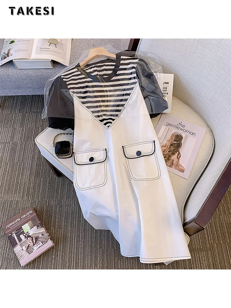 

Женское винтажное платье в полоску, повседневное свободное офисное платье-трапеция составного кроя с коротким рукавом, круглым вырезом и карманами, лето 2023