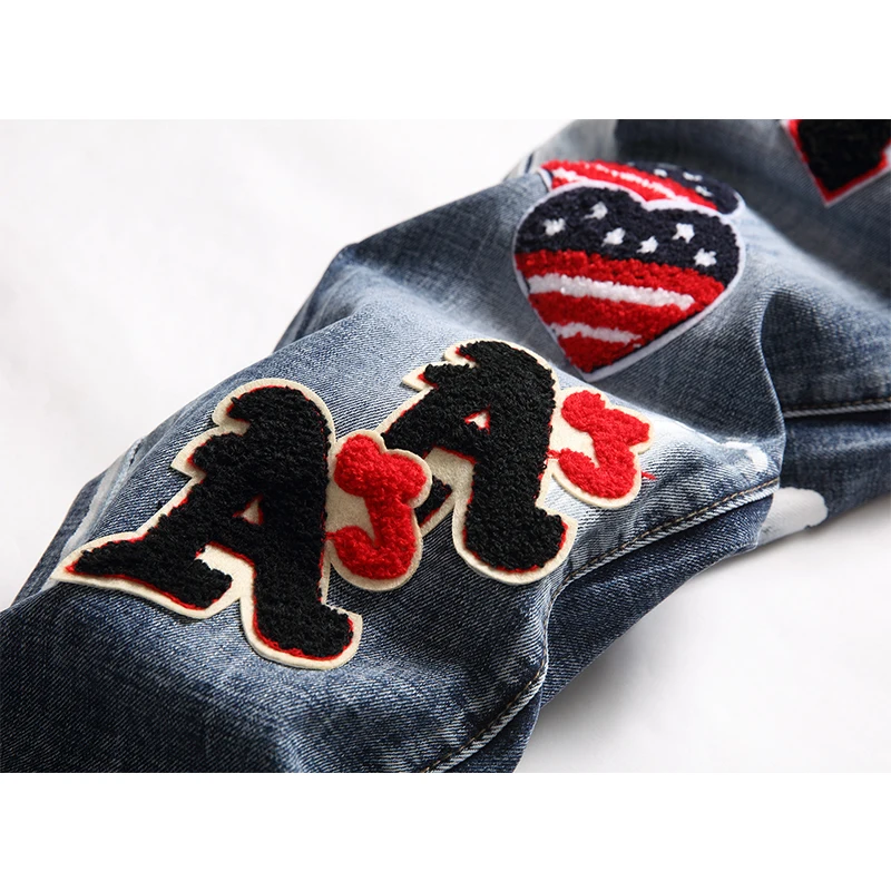 High Street Fashion Mens Jeans Letter Embroidery Designer Oil Paint Drawing Printed Jeans Men Punk Pants Skinny Hip Hop Jeans