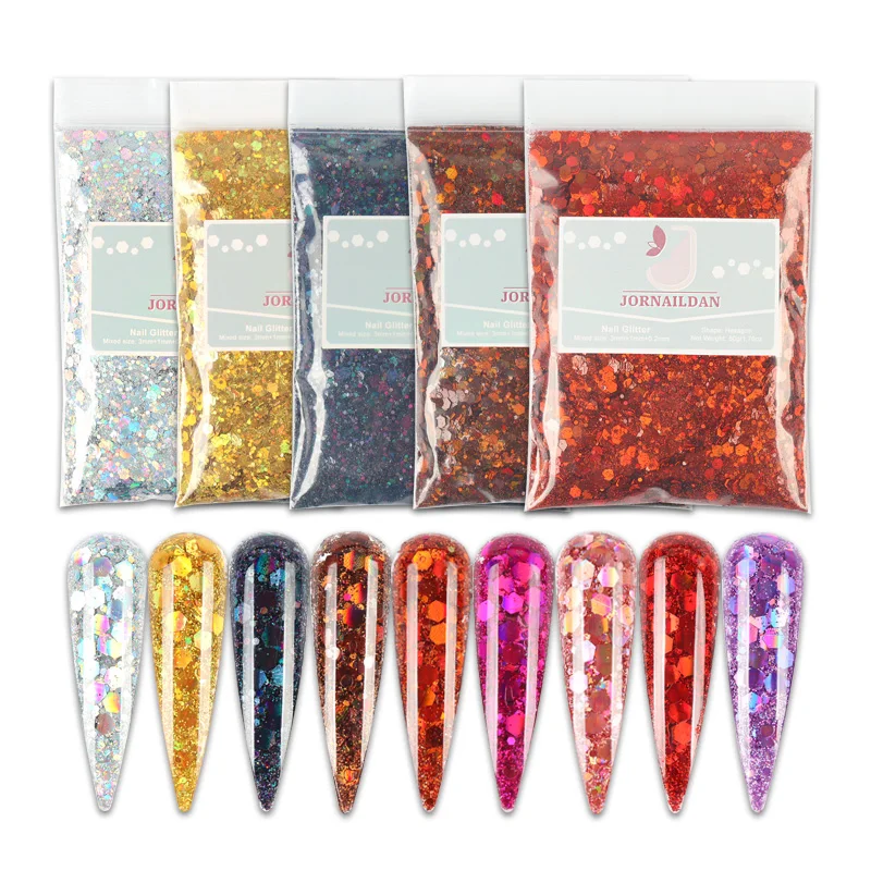 6 Bags/Set Holographic Mixed Hexagonal Chunky Nail Art Glitter Sequins 10.58 oz Manicure Design Dust Supplies JORNAILDAN