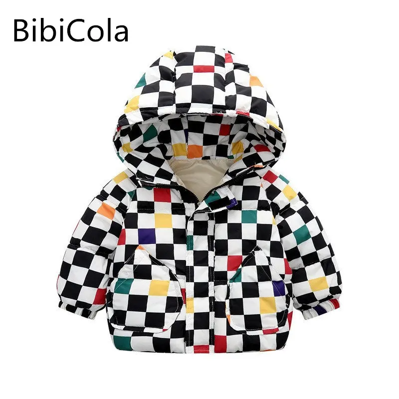 

Милая зимняя одежда для маленьких девочек Детские Пуховые Пальто модная клетчатая куртка с капюшоном и принтом для девочек одежда для малы...