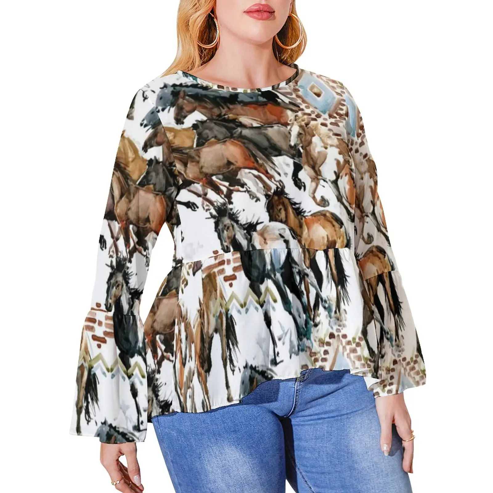 

Horse Pattern T Shirt Horseback Riding Cool Street Fashion Long Sleeve T Shirts Women Pretty Tshirt Lady Tees Plus Size 4XL 5XL
