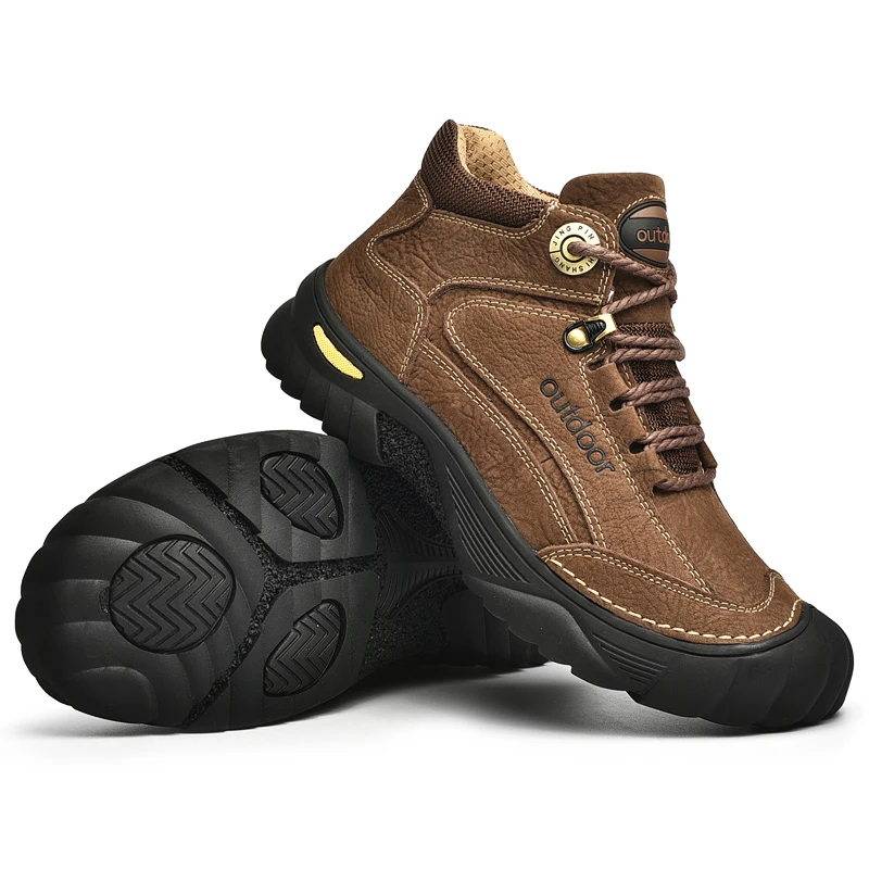 HIKEUP Men's Outdoor Hiking Shoes Cow Leather Winte Boot Waterproof Non-Slip Trekking Sneakers Durable Sports Protecting the toe