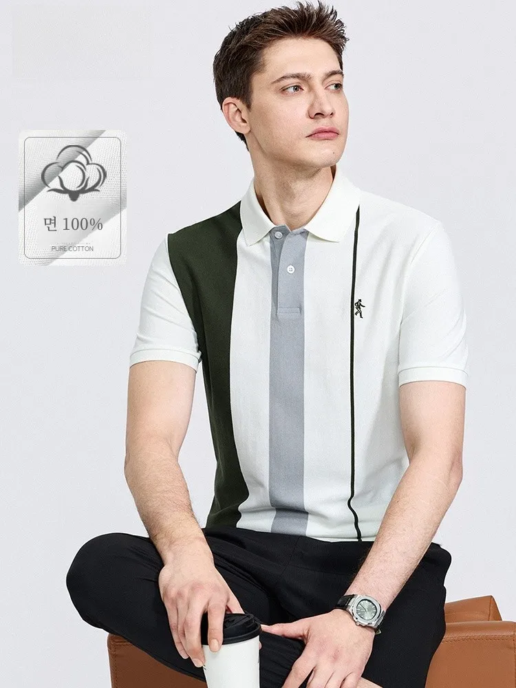 [Все хлопок] Мужская футболка с короткими рукавами и лацканами в полоску Танец