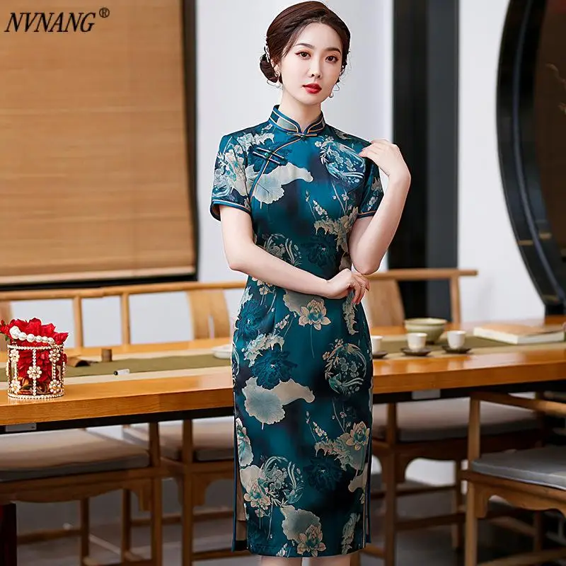 

Nvnang Chinese Cheongsam, new mid-length split Cheongsam Slim Modified Chinese style Cheongsam banquet gown