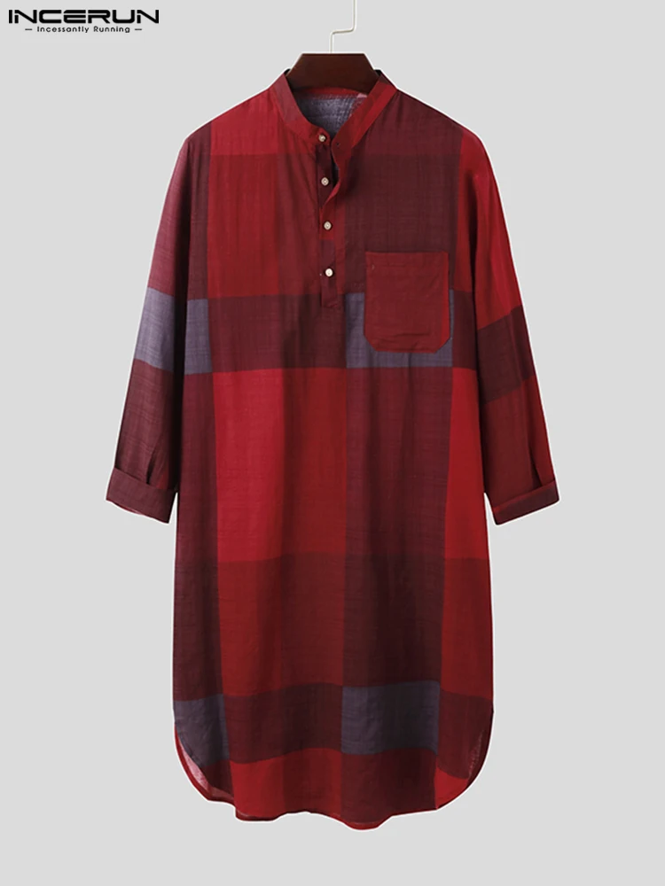 Fashion Plaid Sleep Robes INCERUN Mens Long Sleeve O Neck Nightwear Cotton Pockets Nightgown Cozy Buttons Sleepwear Plus Size 7