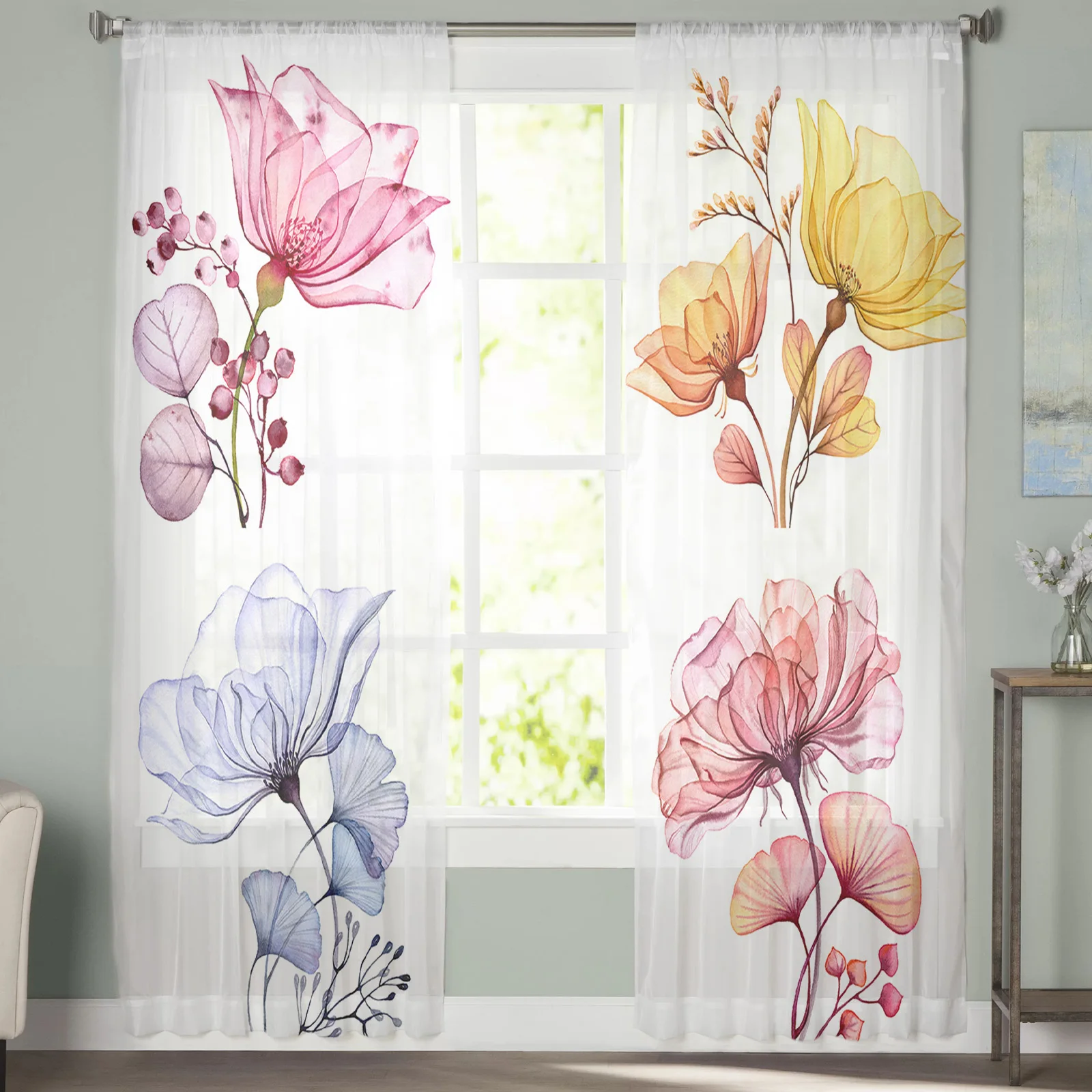 Прозрачные тюлевые занавески с акварельными цветами шторы для гостиной дома