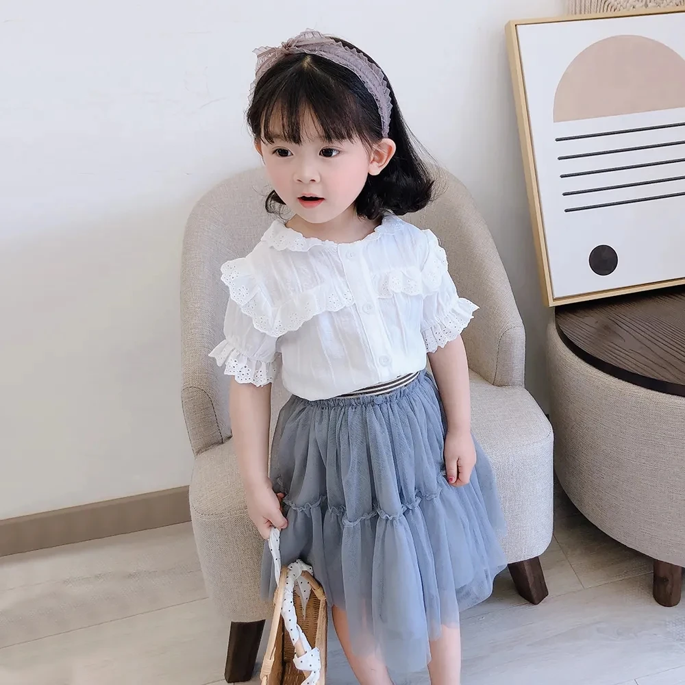 

Summer Kids Girls T-shirt Lace Hollow Short-sleeved T-shirt New Girl Baby Shirt Children's White Top