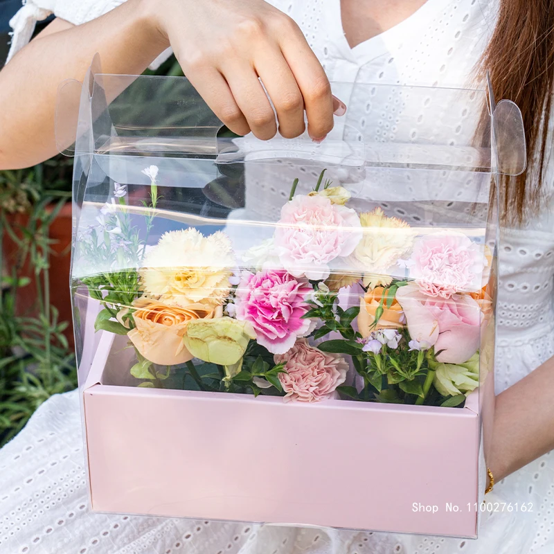 

Net Red Valentine's Day Flower Cake Box Mother's Day Transparent Tote Bag Gift Pink Yellow Paper Box With Plastic Window
