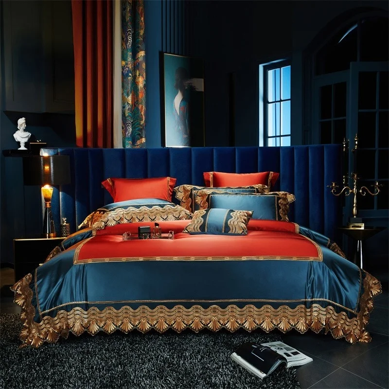 

Orange Blue Patchwork Lace Duvet Cover Queen King 4/7/8Pcs Satin Silky Bedding Set Comforter cover Bed Sheet/Spread Pillowcases