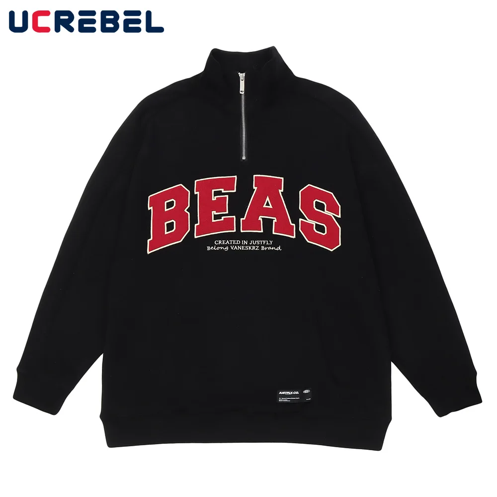 

Letter Embroidery Sweatshirts Mens Streetwear Half Zipper Collar Casual Sports Pullover Autumn Color Block Long Sleeve LooseTop