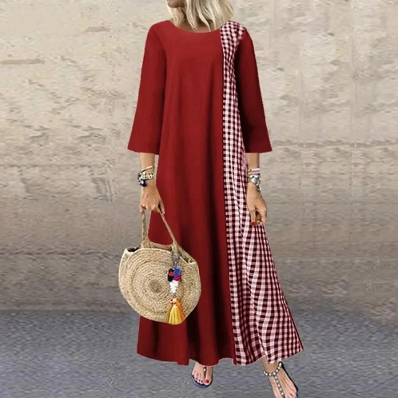 

2022 Spring Summer Women's Round Neck Color Matching Dress Women Loose Cotton and Linen Plaid Stitching Five-Point Sleeve Dress