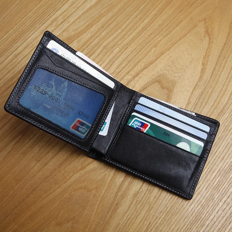 casual simple first layer cowhide men small wallet fashion natural soft genuine leather youth black ID credit card holder purse
