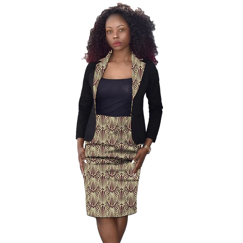 

New Arrivals Women Black Suits Ankara Outfits Female Patchwork Blazers+African Print Skirts Custom Made Wedding Party Wear