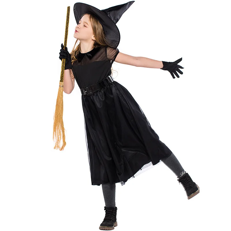 

Детский костюм ведьмы для девочек, платье для косплея на Хэллоуин с поясом на талии, перчатка, шляпа для карнавала, вечеринки, платье, одежда