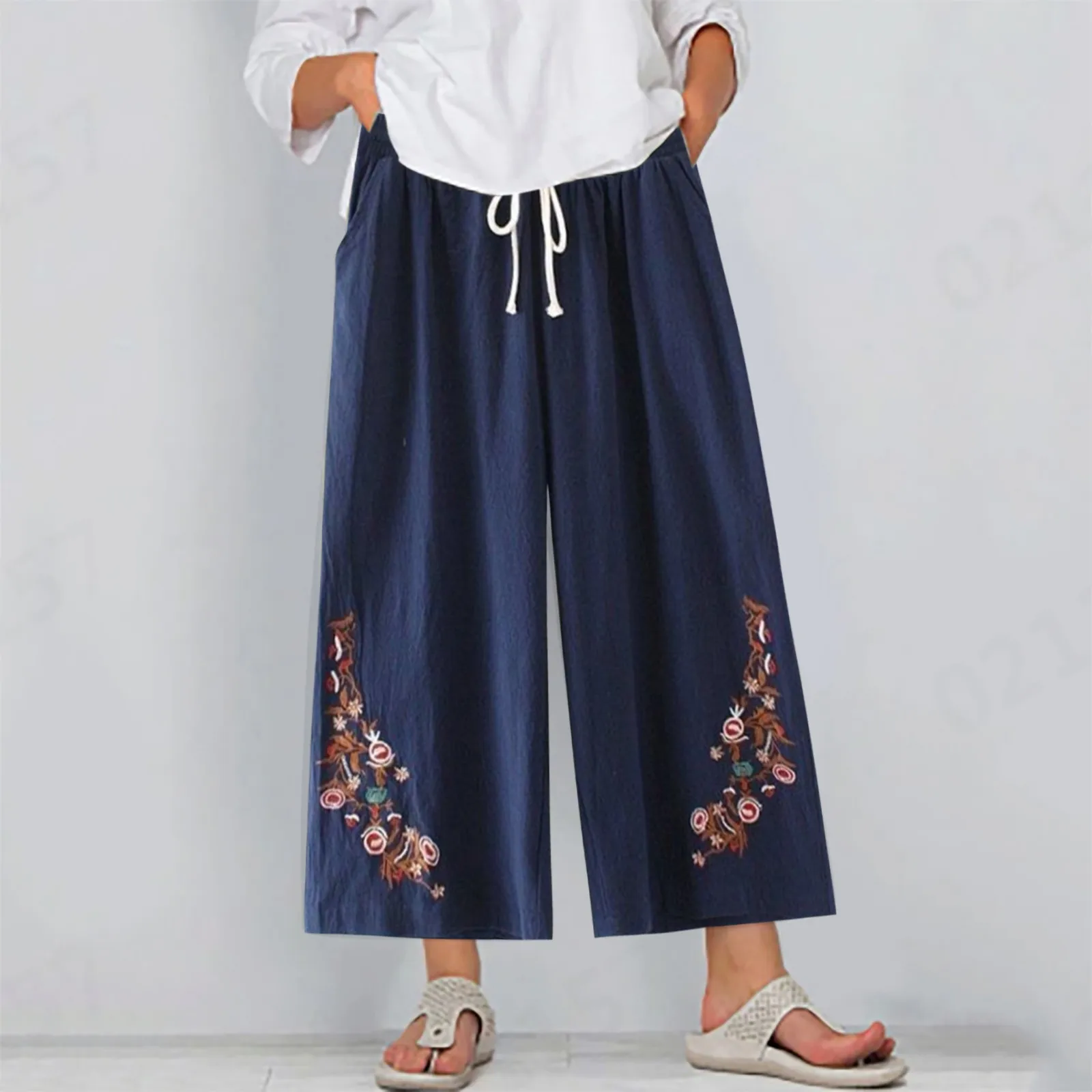 Women'S Clothing Elastic Waist Embroidery Pockets Spliced Loose Solid Casual Cotton Summer Fashion Elegant Wide Leg Pants Simple