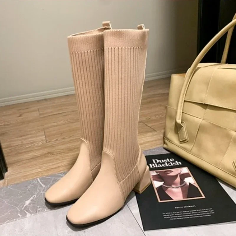 Женские сапоги до колена новинка 2024 модные вязаные длинные из эластичной ткани