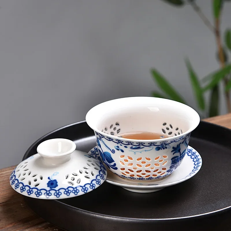 Пустотелая сотовая искусственная синяя и белая фарфоровая чайная посуда Gaiwan 150
